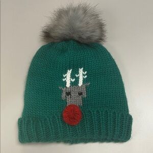 Brass Plum Green Double Knit Beanie with Reindeer Design unisex and any age